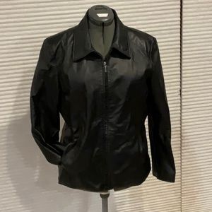 Worthington Black Leather Jacket with side slit pockets. Red Lining.